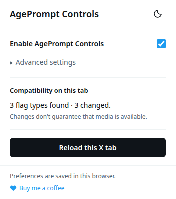 AgePrompt Controls popup with its main switch, collapsed advanced settings, compatibility status, and reload button.